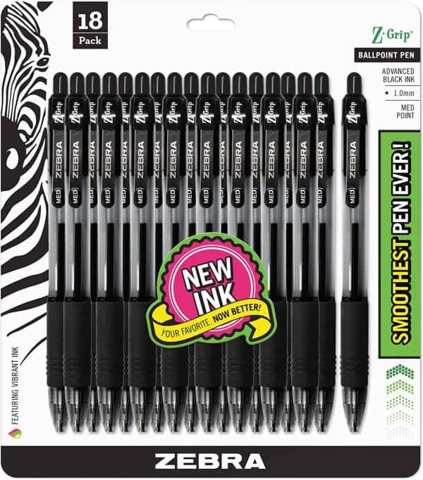 Zebra Pen Z-Grip Retractable Ballpoint Pen, Medium Point, 1.0mm, Black Ink, - 18 Pieces, Model Number: 22218